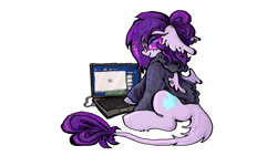 Size: 2048x1152 | Tagged: safe, artist:larvaecandy, oc, oc only, oc:vylet, pegasus, pony, i was the loner of paradise valley, vylet pony, g4, computer, laptop computer, leonine tail, simple background, solo, tail, white background