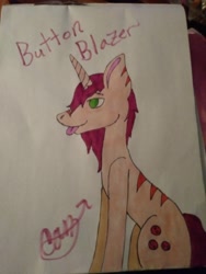 Size: 780x1040 | Tagged: safe, artist:camerontehtranz, oc, oc only, oc:button blazer, pony, unicorn, signature, sitting, smiling, solo, stripes, tail, tongue out, traditional art