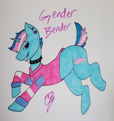 Size: 1908x2018 | Tagged: safe, artist:camerontehtranz, oc, oc only, oc:gender bender, pony, unicorn, choker, clothes, ear piercing, hoodie, horn, looking at you, open mouth, open smile, piercing, pride, pride flag, signature, smiling, solo, spiked choker, tail, traditional art, transgender pride flag, unicorn oc