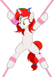 Size: 3263x4582 | Tagged: safe, artist:equestria secret guard, oc, oc only, oc:shallow light, pony, unicorn, armpits, belly button, bondage, eyebrows, featureless crotch, female, frown, helpless, horn, horn ring, jewelry, lying down, magic suppression, on back, ring, rope, rope bondage, scared, sexy, solo, spread eagle, teeth, tied up, unicorn oc