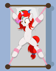 Size: 4667x5912 | Tagged: safe, alternate version, artist:equestria secret guard, oc, oc only, oc:shallow light, pony, unicorn, armpits, bed, belly button, bondage, eyebrows, featureless crotch, female, frown, helpless, horn, horn ring, jewelry, lying down, magic suppression, on back, on bed, ring, rope, rope bondage, scared, sexy, solo, spread eagle, teeth, tied to bed, tied up, unicorn oc