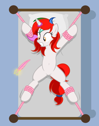 Size: 4667x5912 | Tagged: safe, alternate version, artist:equestria secret guard, oc, oc only, oc:shallow light, pony, unicorn, armpits, bed, belly button, bondage, eyebrows, feather, featureless crotch, female, frown, helpless, horn, horn ring, imminent tickles, jewelry, lying down, magic, magic suppression, on back, on bed, ring, rope, rope bondage, scared, sexy, solo, spread eagle, teeth, telekinesis, tickle torture, tickling, tied to bed, tied up, unicorn oc