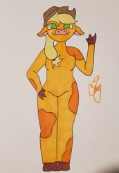 Size: 2543x3702 | Tagged: safe, artist:camerontehtranz, applejack, cow, anthro, unguligrade anthro, g4, applejack's hat, breasts, cloven hooves, cowboy hat, cowified, featureless breasts, featureless crotch, freckles, furrified, hand on hip, hat, hoof hands, signature, species swap, traditional art