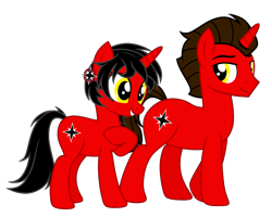 Size: 5775x4614 | Tagged: safe, artist:equestria secret guard, oc, oc only, oc:dark star, oc:友谊领主暗星, pony, unicorn, absurd resolution, duo, female, horn, looking back, male, mare, not nazi, red and black oc, simple background, smiling, solo, stallion, transparent background, unicorn oc