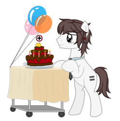Size: 5347x5381 | Tagged: safe, artist:equestria secret guard, oc, oc only, oc:正负等式, earth pony, pony, balloon, bipedal, birthday cake, cake, candle, earth pony oc, equal cutie mark, food, male, simple background, smiling, solo, stallion, transparent background, vector, walking