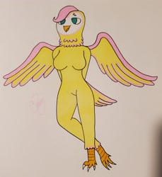 Size: 2860x3117 | Tagged: safe, artist:camerontehtranz, fluttershy, barn owl, bird, owl, anthro, g4, arm behind back, beak, breasts, featureless breasts, featureless crotch, furrified, solo, species swap, spread wings, tail, tail feathers, talons, traditional art, wings