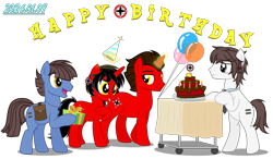 Size: 7932x4634 | Tagged: safe, artist:equestria secret guard, oc, oc only, oc:dark star, oc:友谊领主暗星, oc:正负等式, earth pony, pony, unicorn, bag, balloon, bipedal, birthday, birthday cake, birthday gift, cake, candle, earth pony oc, equal cutie mark, female, food, happy, high res, horn, male, mare, not nazi, open mouth, red and black oc, simple background, smiling, stallion, transparent background, unicorn oc, vector, walking