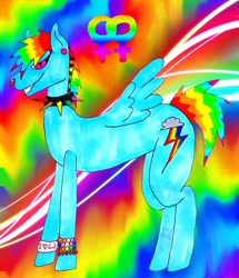 Size: 1440x1674 | Tagged: safe, artist:camerontehtranz, rainbow dash, pegasus, pony, g4, choker, emo, female, female symbol, grin, lesbian, mare, nose piercing, piercing, rainbow background, scemo, scene, septum piercing, slit pupils, smiling, solo, spiked choker, spread wings, tail, wings, wristband