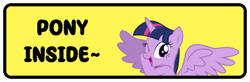 Size: 389x128 | Tagged: safe, artist:owlcat, twilight sparkle, alicorn, pony, g4, bumper sticker, cute, horn, looking at you, multicolored hair, multicolored mane, one eye closed, open mouth, simple background, smiling, solo, spread wings, text, twiabetes, wings, yellow background