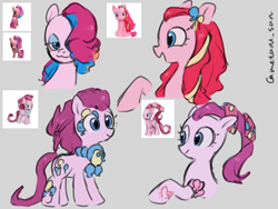 Size: 2048x1536 | Tagged: safe, artist:metaruscarlet, pinkie pie, earth pony, pony, accessory, alternate hairstyle, cutie mark, gray background, looking at you, open mouth, ribbon, simple background, toy