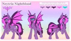 Size: 3500x2000 | Tagged: safe, artist:mxiiisy, oc, oc only, oc:neytria nightblood, bat pony, pony, :p, bat pony oc, blue eyes, braid, braided ponytail, chest fluff, color palette, colored wings, colored wingtips, cutie mark, ear fluff, ear tufts, eye clipping through hair, eyebrows, eyebrows visible through hair, fangs, female, folded wings, freckles, gradient background, mare, multiple angles, ponytail, raised hoof, reference sheet, smiling, solo, spread wings, standing, tail, text, tongue out, two toned mane, two toned tail, two toned wings, wings