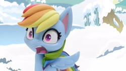Size: 1920x1080 | Tagged: safe, edit, edited screencap, screencap, rainbow dash, pegasus, pony, g4, g4.5, my little pony: stop motion short, snow pony contest (short), cute, female, ice, lake, mare, shocked, snow, solo, stop motion, water