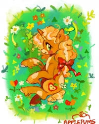 Size: 1440x1800 | Tagged: safe, artist:applepums, oc, oc only, oc:applesnap, pony, unicorn, blushing, bow, colored hooves, colored muzzle, curly mane, curly tail, female, flower, freckles, grass, green eyes, hair bow, horn, looking back, lying down, mare, multicolored mane, multicolored tail, on side, pale belly, ponysona, profile, signature, smiling, splotches, tail, unicorn oc, unshorn fetlocks