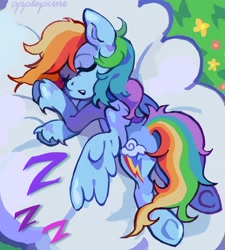 Size: 3686x4096 | Tagged: safe, artist:applepums, rainbow dash, pegasus, pony, g4, cloud, colored hooves, colored pinnae, cute, dashabetes, eyelashes, eyes closed, female, flower, grass, lying down, mare, multicolored hair, on a cloud, onomatopoeia, open mouth, prone, purple text, rainbow hair, rainbow tail, signature, sleeping, sleeping on a cloud, solo, sound effects, spread wings, tail, teeth, text, unshorn fetlocks, wings, zzz
