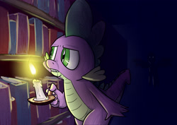 Size: 4092x2893 | Tagged: safe, artist:timsplosion, spike, dragon, g4, book, bookshelf, candle, creepy, eyes in the dark, glowing, glowing eyes, high res, looking at something, silhouette, solo focus, spread wings, wings