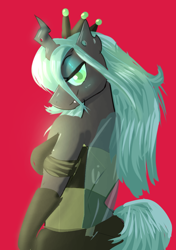 Size: 874x1240 | Tagged: safe, artist:peanutfrogy, queen chrysalis, changeling, changeling queen, anthro, g4, bedroom eyes, clothes, detached sleeves, dress, fangs, female, gloves, looking back, seductive, simple background, solo, stupid sexy chrysalis