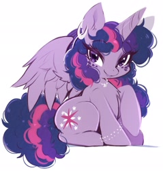 Size: 1960x2048 | Tagged: safe, artist:papilrux, twilight sparkle, alicorn, pony, g4, alternate hairstyle, bracelet, chest fluff, ear fluff, ear piercing, earring, female, jewelry, lidded eyes, looking at you, mare, necklace, partially open wings, piercing, raised hoof, simple background, sitting, smiling, smiling at you, solo, twilight sparkle (alicorn), white background, wings