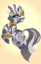 Size: 1337x2048 | Tagged: safe, artist:papilrux, zecora, zebra, g4, chest fluff, ear fluff, ear piercing, earring, female, gradient background, jewelry, mare, necklace, piercing, raised hoof, raised leg, simple background, smiling, solo, yellow background