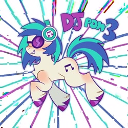 Size: 2562x2562 | Tagged: safe, artist:minky, dj pon-3, vinyl scratch, pony, g4, abstract background, blush scribble, blushing, chest fluff, colored hooves, female, glasses, headphones, high res, hoof polish, mare, missing horn, name, profile, raised hoof, shiny hooves, smiling, solo, teeth, text, trotting, unshorn fetlocks, vinyl's glasses