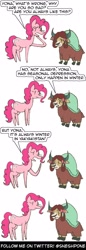 Size: 1000x2900 | Tagged: safe, artist:sneshpone, pinkie pie, yona, earth pony, pony, yak, g4, comic, depressed, dialogue, duo, duo female, female, frown, mare, open mouth, sad, simple background, speech bubble, teenager, white background