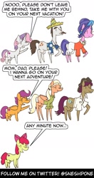 Size: 1000x1900 | Tagged: safe, artist:sneshpone, apple bloom, cookie crumbles, hondo flanks, mane allgood, scootaloo, snap shutter, sweetie belle, earth pony, pegasus, pony, unicorn, g4, comic, cutie mark crusaders, dialogue, female, filly, foal, implied death, male, mare, one of these things is not like the others, ouch, parent, pleading, simple background, speech bubble, stallion, white background