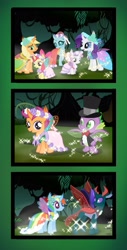 Size: 1251x2458 | Tagged: safe, artist:arkogon, apple bloom, applejack, ocellus, pharynx, rainbow dash, rarity, scootaloo, spike, sweetie belle, twilight sparkle, changedling, changeling, a canterlot wedding, g4, adorabloom, alternate ending, alternate scenario, amazed, apple sisters, applejack also dresses in style, belle sisters, bloomling, bridesmaid, bridesmaid applejack, bridesmaid dash, bridesmaid dress, bridesmaid rarity, changeling dragon, changelingified, clothes, comic, crack shipping, cute, cutealoo, cutie mark crusaders, cutie mark cuties, diasweetes, dress, everfree forest, female, flower girl, flower girl dress, grin, hat, male, open mouth, open smile, prince pharynx, rainbow dash always dresses in style, scootaling, ship:pharydash, shipping, siblings, sisters, smiling, sparkles, species swap, spread wings, story included, sweetiling, top hat, transformation, wings