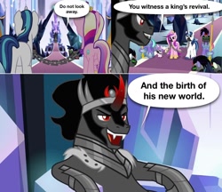 Size: 1200x1036 | Tagged: safe, edit, edited screencap, screencap, king sombra, princess cadance, princess flurry heart, shining armor, alicorn, pony, unicorn, g4, season 9, the beginning of the end, baby, baby pony, butt, chains, comic, crystal empire, female, gag, ganondorf, male, mare, muzzle gag, plot, screencap comic, stallion, the legend of zelda, the legend of zelda: tears of the kingdom, throne