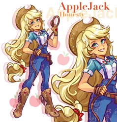 Size: 1948x2048 | Tagged: safe, artist:libbly_libby, applejack, equestria girls, g4, alternate clothes, boots, clothes, cowboy boots, cowboy hat, cowgirl, female, hat, lasso, overalls, rope, shoes, solo, stetson
