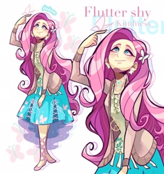 Size: 1936x2048 | Tagged: safe, artist:libbly_libby, fluttershy, butterfly, equestria girls, g4, cardigan, clothes, cutie mark background, dress, ear piercing, earring, female, jewelry, looking up, necklace, peace symbol, piercing, simple background, smiling, solo, text, white background