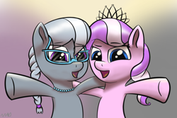 Size: 2048x1365 | Tagged: safe, artist:maonyman, diamond tiara, silver spoon, earth pony, pony, g4, braid, braided ponytail, duo, female, filly, foal, glasses, happy, hug, jewelry, looking at you, necklace, open mouth, ponytail, shading, smiling, tiara