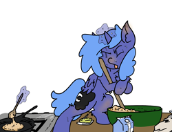 Size: 3601x2747 | Tagged: safe, artist:ponny, princess luna, alicorn, pony, g4, bag, bowl, butter, colored, cooking, female, filly, flour, foal, food, frying pan, magic, messy, milk, mixing bowl, plastic, plastic bag, simple background, solo, stove, sweat, telekinesis, tongue out, white background, wooden spoon, woona, younger