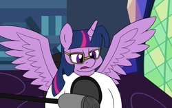 Size: 1150x720 | Tagged: safe, artist:unitxxvii, twilight sparkle, alicorn, pony, g4, bust, female, glasses, mare, microphone, open mouth, solo, spread wings, twilight sparkle (alicorn), twilight's castle, wings