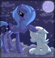Size: 3619x3853 | Tagged: safe, artist:cattstaycool, princess luna, oc, oc:snowdrop, alicorn, pegasus, pony, g4, ^^, clothes, cloud, duo, duo female, eyes closed, female, filly, foal, folded wings, full moon, head pat, high res, looking at someone, moon, night, on a cloud, pat, sitting, smiling, smirk, spread wings, standing, wings