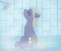 Size: 3000x2500 | Tagged: safe, artist:bazza, derpibooru exclusive, limestone pie, g4, drain, eyes closed, eyeshadow, floppy ears, hot water, looking up, makeup, paint tool sai, painttoolsai, shower, shower head, showering, simple, simple background, sitting, steam, tiled background, tiled floor, wet, wet hair, wet mane