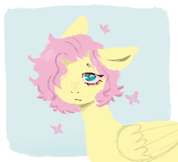 Size: 389x355 | Tagged: safe, artist:vedacia, fluttershy, butterfly, pegasus, pony, g4, bust, pink mane, portrait, short hair, simple background, solo, transparent background, yellow coat