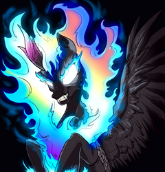 Size: 1919x2000 | Tagged: safe, artist:not-ordinary-pony, derpibooru exclusive, rainbow dash, kirin, kirin pegasus, nirik, winged kirin, g4, fangs, female, glowing, glowing eyes, glowing mane, gritted teeth, kirin rainbow dash, kirin-ified, mane of fire, mare, slender, smiling, solo, species swap, spread wings, teeth, thin, wings