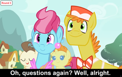 Size: 1920x1207 | Tagged: safe, edit, edited screencap, screencap, carrot cake, cup cake, pound cake, pumpkin cake, earth pony, pegasus, pony, unicorn, comic:celestia's servant interview, baby cakes, g4, baby, baby pony, bowtie, brother and sister, cake twins, cap, clothes, colt, cs captions, ear piercing, earring, female, filly, foal, hat, jewelry, looking at you, male, mare, piercing, ponyville, siblings, smiling, smiling at you, stallion, twins
