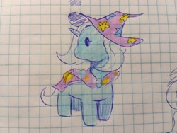 Size: 2048x1542 | Tagged: safe, artist:enjoy_mayer, trixie, pony, unicorn, g4, blue coat, brooch, cape, chibi, clothes, cute, diatrixes, female, graph paper, hat, jewelry, mare, paper, solo, traditional art, trixie's brooch, trixie's cape, trixie's hat, turned head