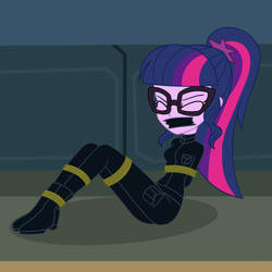 Size: 2000x2000 | Tagged: safe, artist:nie-martw-sie-o-mnie, sci-twi, twilight sparkle, human, equestria girls, g4, bondage, bound and gagged, catsuit, eyes closed, gag, glasses, rope, rope bondage, solo, spy, tape, tape gag, tied up
