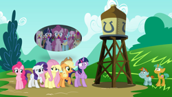 Size: 1278x720 | Tagged: safe, artist:cloudshadezer0, artist:estories, artist:jeatz-axl, artist:slb94, artist:tardifice, artist:xigger, edit, edited screencap, screencap, applejack, big macintosh, cheerilee, cherry berry, cup cake, fluttershy, mochaccino, pinkie pie, pound cake, pumpkin cake, rare find, rarity, snails, snips, spike, twilight sparkle, alicorn, dragon, earth pony, pegasus, pony, unicorn, 28 pranks later, g4, alternate ending, alternate scenario, applejack's hat, colt, cookie zombie, cowboy hat, dialogue in the description, diesel 10, embarrassed, female, floppy ears, foal, gritted teeth, hat, male, mare, nervous, open mouth, raised hoof, reference, reference in the description, shrunken pupils, splatter and dodge, stallion, story included, suspicious, teeth, thomas and the magic railroad, thomas the tank engine, thought bubble, twilight sparkle (alicorn), water tower