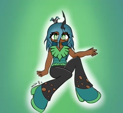 Size: 1861x1707 | Tagged: safe, artist:ru, queen chrysalis, human, g4, clothes, dark skin, fangs, female, horn, horned humanization, humanized, looking at you, pants, shirt, shoes, signature, solo