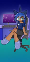 Size: 1707x3458 | Tagged: safe, artist:ru, princess luna, human, gamer luna, g4, chair, clothes, computer mouse, fake ears, fake horn, gradient background, headphones, humanized, indoors, keyboard, looking at you, moderate dark skin, monitor, office chair, shirt, shorts, signature, sitting, solo