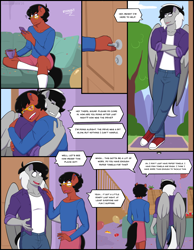 Size: 2048x2643 | Tagged: safe, artist:shallowwin, oc, oc only, oc:benjamin terrance tover, oc:sound shock, earth pony, pegasus, anthro, comic:one special night, after party, anthro oc, clothes, comic, commission, crossdressing, dialogue, earth pony oc, gay, hug, male, messy, oc x oc, pegasus oc, shipping, skirt, speech bubble