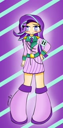 Size: 1707x3458 | Tagged: safe, artist:ru, starlight glimmer, human, g4, blushing, boots, clothes, dress, hand on hip, humanized, light skin, looking at you, necktie, shoes, signature, smiling, solo, striped background