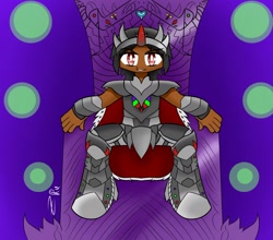 Size: 1936x1707 | Tagged: safe, artist:ru, king sombra, human, g4, armor, cape, clothes, colored horn, curved horn, horn, horned humanization, humanized, male, moderate dark skin, signature, sitting, solo, sombra horn, throne