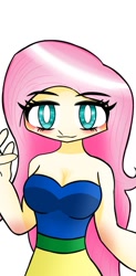 Size: 563x1140 | Tagged: safe, artist:ru, fluttershy, human, g4, blushing, breasts, cleavage, clothes, dress, female, humanized, light skin, looking at you, simple background, smiling, solo, white background