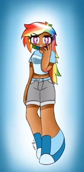 Size: 1707x3458 | Tagged: safe, artist:ru, rainbow dash, human, g4, belly button, belt, clothes, female, humanized, looking at you, midriff, moderate dark skin, shirt, shoes, shorts, smiling, smiling at you, solo