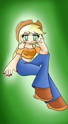 Size: 1707x3096 | Tagged: safe, artist:ru, applejack, human, g4, applejack's hat, clothes, cowboy hat, female, freckles, hat, human coloration, humanized, light skin, looking at you, midriff, painted nails, pants, shoes, short shirt, solo