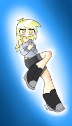 Size: 2022x3558 | Tagged: safe, artist:ru, derpy hooves, human, g4, blushing, boots, bra, bra strap, clasped hands, clothes, female, humanized, knee blush, light skin, looking at you, shirt, shoes, shorts, signature, smiling, solo, underwear