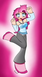 Size: 2022x3628 | Tagged: safe, artist:ru, pinkie pie, human, g4, arm warmers, belt, blushing, breasts, clothes, female, humanized, lifted leg, light skin, looking at you, open mouth, open smile, pants, raised arms, shirt, shoes, signature, smiling, smiling at you, solo